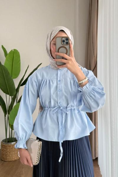 Beli Tünelli Kısa Gömlek Bebe Mavisi