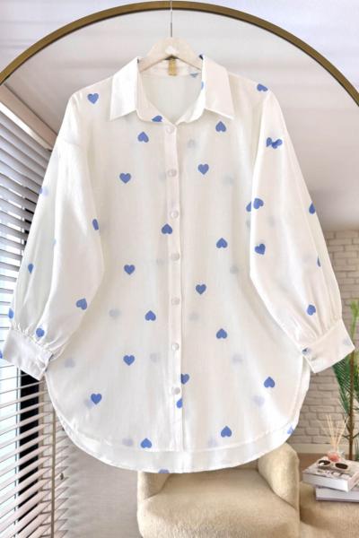 Kalp Baskılı Keten Gömlek Ekru