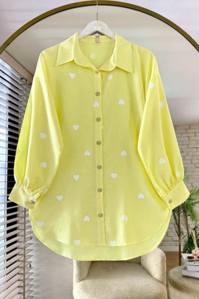 Kalp Baskılı Keten Gömlek Sarı