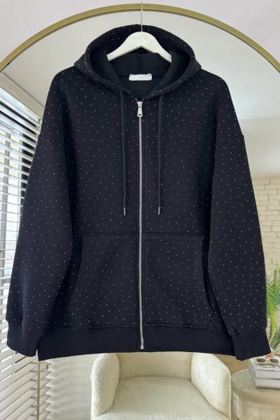 Taş Baskılı Üç İplik Hırka Siyah