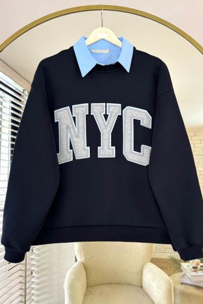 NYC Nakışlı Yakalı Üç İplik Sweatshirt Koyu Lacivert
