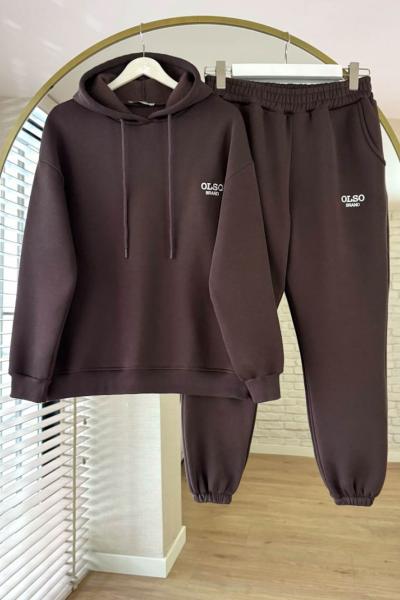 Olso Nakışlı Üç İplik Takım Kahverengi