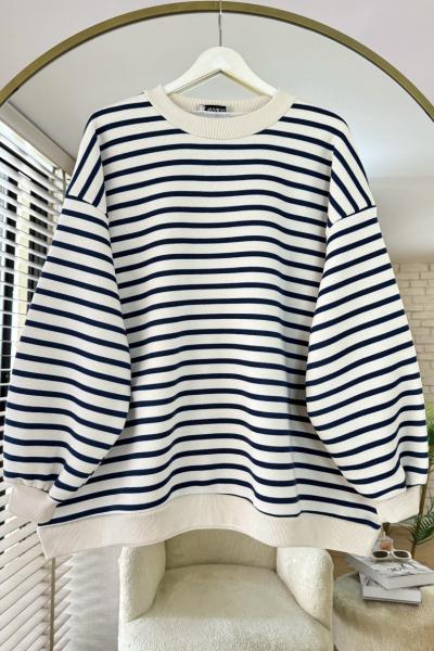 Çizgili Oversize Sweatshirt Lacivert