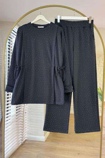 Yanları Büzgülü Taş Baskılı Takım Antrasit