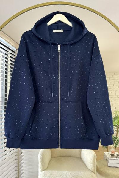 Taş Baskılı Üç İplik Hırka Lacivert