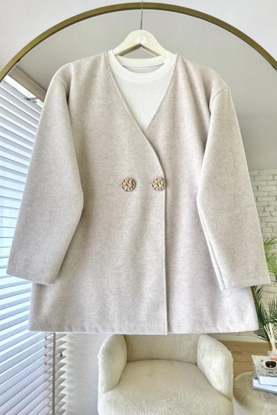 Gold Düğmeli Kaşe Ceket Krem