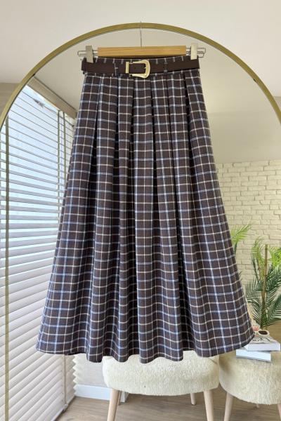 Pileli Ekose Etek Kahverengi