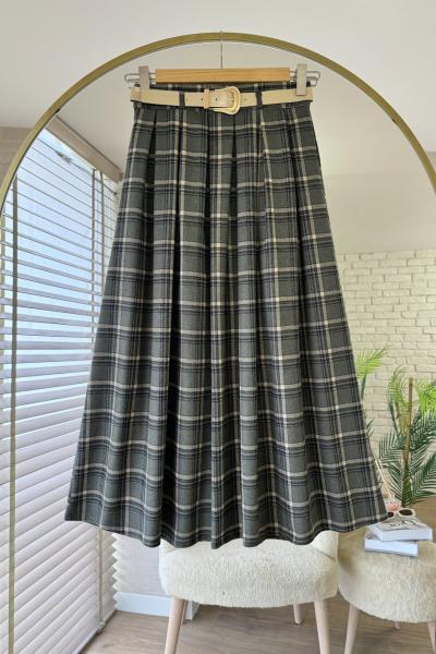 Pileli Ekose Etek Haki