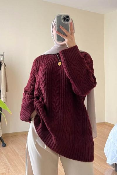 Saç Örgü İpek Kazak Bordo