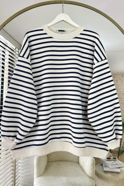 Çizgili Oversize Sweatshirt Siyah